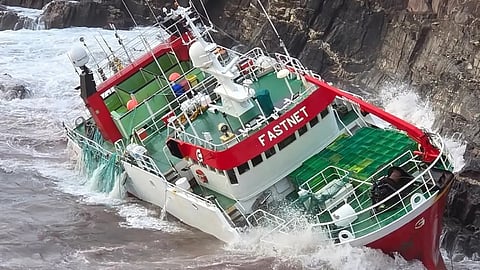The grounded trawler Fastnet photographed four days after it ran aground on Ireland's Dingle Peninsula, December 18, 2025