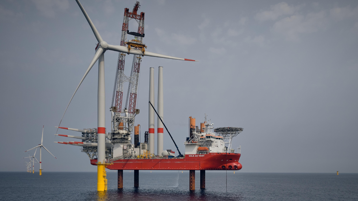 Jan de Nul's jackup vessel Vole au Vent installing a turbine at the Îles d’Yeu et de Noirmoutier offshore wind farm in France