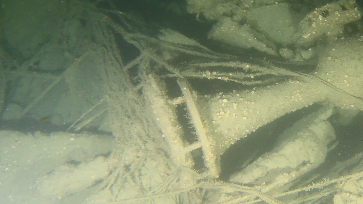 A portion of the wreck of the US Coast Guard cutter Tampa, which lies more than 300 feet beneath the surface of the Atlantic Ocean off Cornwall, UK. Tampa sank to the bottom of the Atlantic after being torpedoed by a German submarine during the final year of World War I.