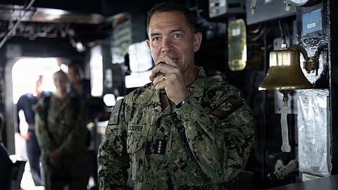 US Navy Admiral Brad Cooper, commander of US Central Command, speaks with the crew on the 1MC during a visit to Arleigh Burke-class guided-missile destroyer USS Milius (DDG 69)