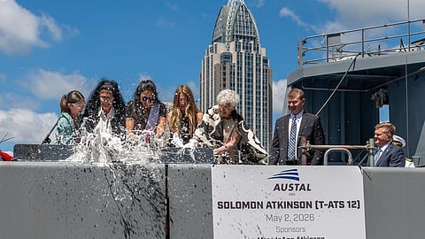 Christening ceremony of the US Navy Navajo-class towing, salvage and rescue ship USNS Solomon Atkinson at Austal USA's shipyard in Mobile, Alabama, May 2, 2026