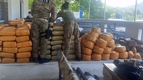 Haitian National Police members inspect interdicted drugs following a drug interdiction off Haiti, May 3, 2026. At the behest of the Haitian Government, a US Coast Guard law enforcement detachment deployed on the US Navy littoral combat ship USS Billings stopped a suspected drug vessel carrying approximately 3,200 pounds of marijuana.