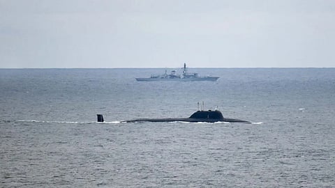 A Russian submarine accompanied by a UK Royal Navy frigate Royal Navy.jpg