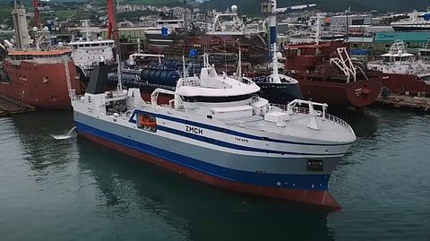 Aurora Fisheries' freezer trawler Takapo shortly before departing on her delivery voyage to New Zealand