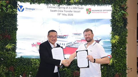 Chan Eng Yew, CEO of Strategic Marine, and Bob Mainprize, Managing Director of Mainprize Offshore, after signing the contract for the 33-metre SWATH crewboats, May 19, 2026