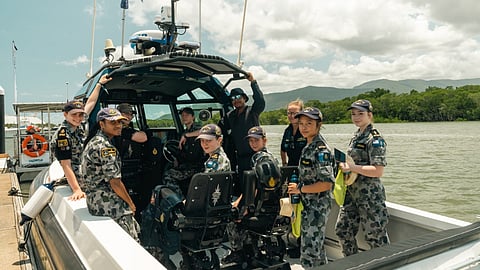 Royal Australian Navy personnel and a small fast boat at Marine Futures' national workforce plan launch in Cairns, May 13, 2026