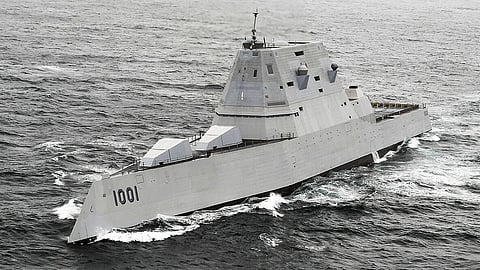 The US Navy Zumwalt-class stealth destroyer USS Michael Monsoor underway in the Pacific Ocean, April 20, 2021