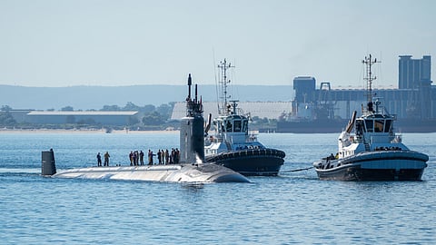 The US Navy Virginia-class fast-attack submarine USS Minnesota prepares to moor at HMAS Stirling, Western Australia, February 25, 2025. Minnesota arrived in Western Australia kicking off the first of two planned US fast-attack submarine visits to HMAS Stirling in 2025.