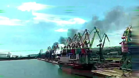 Screenshot of video showing drone attacking the Port of Mariupol, Russia