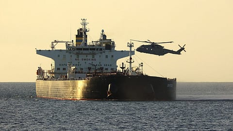The Russian "shadow fleet" tanker Smyrtos being boarded by UK forces