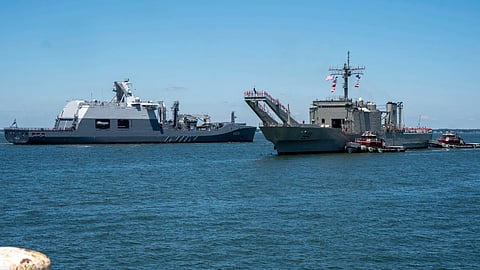 The Royal Netherlands Navy combat support ship HNLMS Den Helder (left) and the Mexican Navy tank landing ship ARM Papaloapan at Naval Station Norfolk. The two ships are among 31 participating in Fleet Exercise 250 between June 16 and 29, 2026.