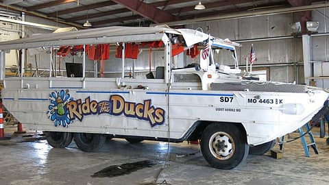 The amphibious duck boat Stretch Duck 7 after it was recovered from the waters of Table Rock Lake near Branson, Missouri, following its sinking during a heavy-winds storm on July 19, 2018. The incident left 17 people dead.