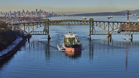 Ship passing underneath the Second Narrows Bridge