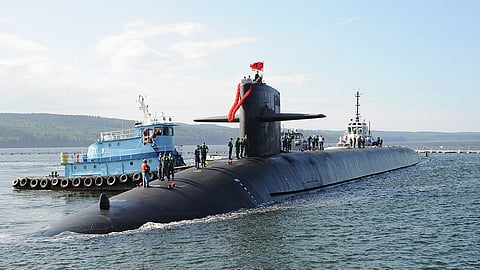 The US Navy Ohio-class ballistic-missile submarine USS Nebraska returns to her homeport of Naval Base Kitsap-Bangor following a strategic deterrent patrol, July 30, 2011.