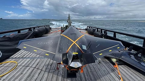 The drone on the launch rail fitted on the deck of the Royal Navy experimentation ship XV Patrick Blackett