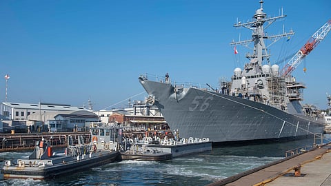 The US Navy Arleigh Burke-class guided-missile destroyer USS John S. McCain prepares to depart from a drydock at Fleet Activities Yokosuka, Japan, November 27, 2018.