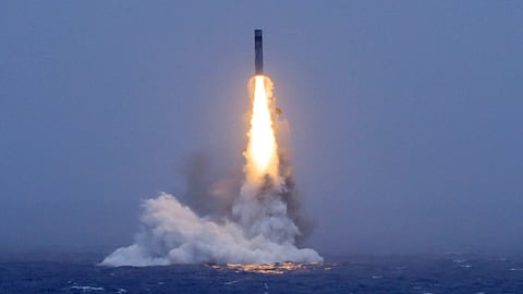A ballistic missile with a dummy warhead being launched from a Chinese People's Liberation Army Navy submarine somewhere in the Pacific Ocean, July 6, 2026