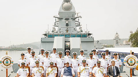 The Indian Navy Nilgiri-class stealth frigate at her commissioning ceremony, July 11, 2026