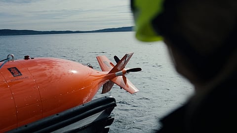 Close-up of a Kongsberg autonomous underwater vehicle