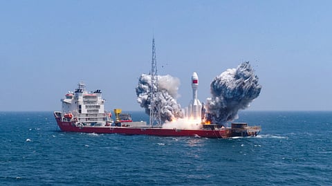 Launch of a Yinli-1 satellite carrying rocket from a ship in the East China Sea, July 22, 2026