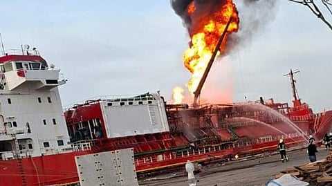 Firefighters work to extinguish the blaze on the Turkish-flagged LPG tanker Orinda after it was hit by a Russian drone at the Port of Izmail in Ukraine, November 17, 2025.