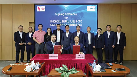 Representatives of Sallaum Lines and China Merchants Jinling Shipyard at the signing of the contract for a new 8,600CEU pure car and truck carrier, July 28, 2026