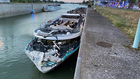 The damaged river cruise ship Anna Katharina after she accidentally hit a lock wall in Vienna, Austria, on July 24, 2026