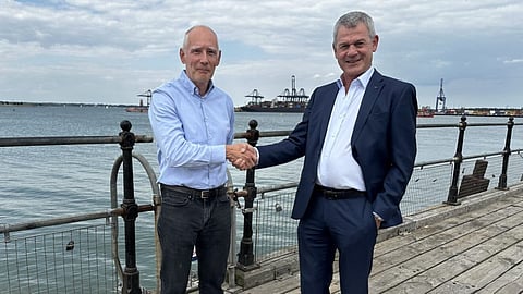 Harwich Haven Authority CFO Jake Storey (left) and Boskalis Westminster Managing Director Paul de Jong following the signing of the joint venture agreement establishing Suffolk Dredging