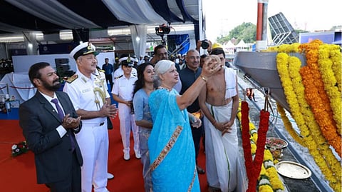 Launch ceremony of the future INS Machilipatnam, the Indian Navy's seventh Mahe-class anti-submarine warfare shallow-water craft, July 29, 2026