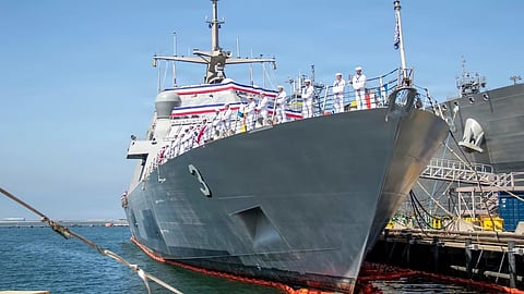 The US Navy Freedom-class littoral combat ship at her decommissioning ceremony at Naval Base San Diego, July 29, 2026