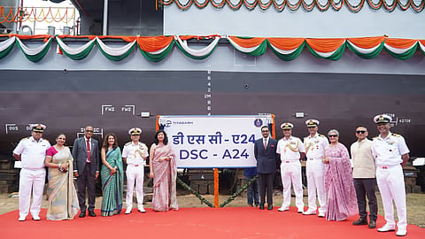 Launch ceremony for A24, the Indian Navy's newest dive support vessel built by Titagarh Rail Systems, August 1, 2026