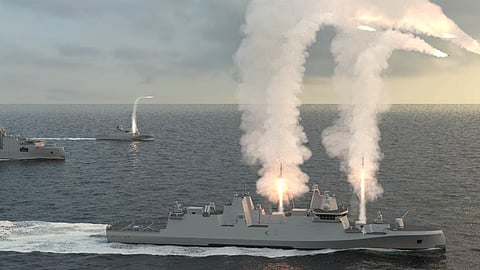 Artist's impression of a 140-metre frigate launching missiles