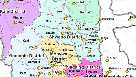 Map showing Kani township and other districts in the Sagaing Region of northwestern Myanmar