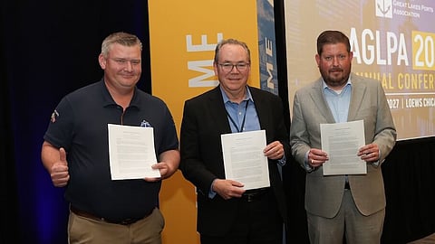 Representatives of the American Great Lakes Ports Association (AGLPA) and Great Lakes Alliance of Shipyards (GLAS) following the signing of the memorandum of understanding during AGLPA’s 2026 Annual Conference in Chicago. L-R: Captain Paul LaMarre III, President of AGLPA; Patrick Kelly, Chief Executive Officer of GLAS member Fraser Industries; Brian Oszakiewski, Executive Director of AGLPA