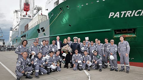 The crew of SAL Heavy Lift's project cargo vessel Patricia at her christening in Rostock, Germany, September 1, 2026