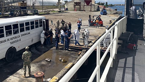 Crewmembers aboard the US Coast Guard fast response cutter USCGC Joseph Doyle repatriate and transfer 75 migrants to Dominican Republic Navy authorities in San Pedro de Macoris, Dominican Republic, September 4, 2026. The crew interdicted the group on September 2, 2026, after intercepting a grossly overloaded makeshift boat in the Mona Passage off the coast of Puerto Rico.