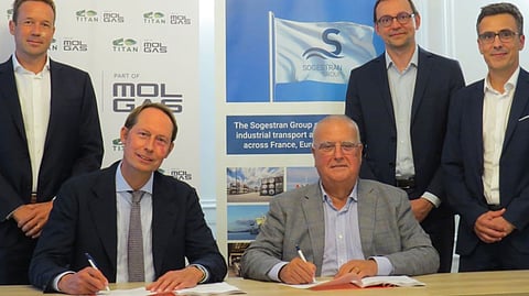 Signing of the LNG bunkering vessel agreement between Titan Clean Fuels and Sogestran. L-R: Grégoire Hartig, Commercial Director, Titan ; Niels den Nijs, Director of Titan and Chief Commercial Officer, Molgas Group; Pascal Girardet, CEO, Sogestran Group; Benoist Grosjean, Director, Sogestran Shipping; David Patron