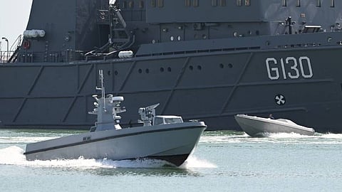 The Azerbaijani Navy USVs Salvo (nearest to camera) and Kayra during the trials