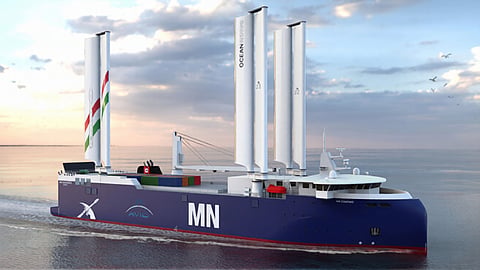 Rendering of Compagnie Maritime Nantaise's hybrid Ro-Ro with rigid sails in the upright position