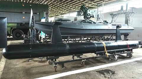 A Ukrainian Navy unmanned surface vehicle (back) similar to the one that was reportedly used in a drone versus drone encounter with Russia in the Black Sea