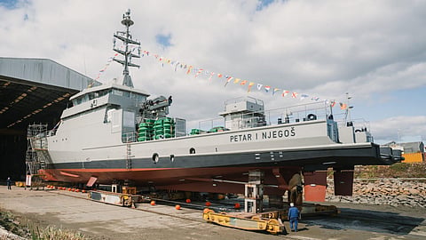 Launch of the future Petar Njegoš I, the first of two 60-metre offshore patrol vessels being built by France's Kership for the Montenegrin Navy