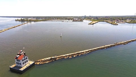 Overhead views of Lorain Harbor in Lorain, Ohio, May 20, 2021. The US Army Corps of Engineers, Buffalo District oversees operations and maintenance of navigation structures and the dredging of the federal channel in lower Great Lakes harbors like Lorain