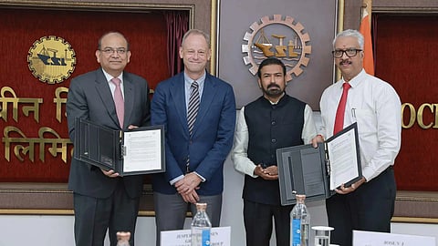 The signing of the MOU between the Synergy Marine Group and Cochin Shipyard, September 22, 2026. L-R: Ajay Chaudhry, Co-CEO, Ship Management, Synergy Marine Group; Jesper Kristensen, Group CEO, Synergy Marine Group; Jose V J, Chairman and Managing Director, Cochin Shipyard; Rajesh Gopalakrishnan, Director (Technical), Cochin Shipyard