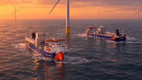 Rendering of Van Oord's fallpipe vessels Vindnes and Vestnes