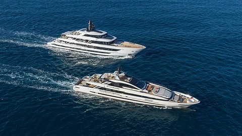 Kinda II (top) and Baglietto's 50-metre fast displacement yacht underway