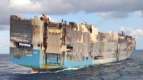 The pure car and truck carrier Felicity Ace after it was damaged by an onboard fire while off Portugal's Azores region on February 16, 2022. The ship, which was ultimately abandoned, had electric vehicles fitted with lithium-ion batteries among its embarked cargo on the day of the incident. The exact cause of the fire has not yet been determined.