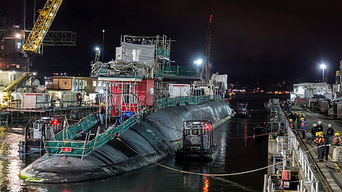 The US Navy cruise missile submarine USS Ohio after entering drydock at Puget Sound Naval Shipyard and Intermediate Maintenance Facility in Washington, April 25, 2017