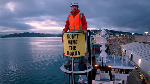 Greenpeace protester on the New Zealand Government-owned research vessel Tangaroa. Five of the group's activists boarded the vessel without authorisation on September 26, 2026, to protest its use for seabed mineral surveys off New Zealand.