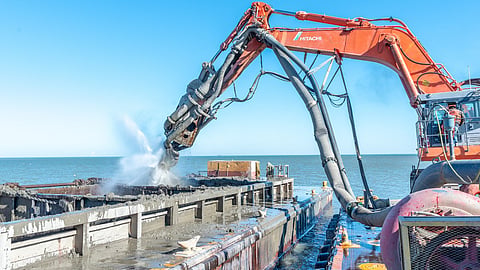 US Army Corps of Engineers Buffalo District contractor Ryba Marine Construction pumps dredged material from a scow in Toledo Harbor into a confined disposal facility, Toledo, Ohio, November 4, 2020.