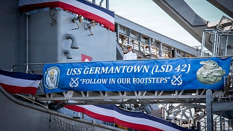 Decommissioning ceremony of the US Navy Whidbey Island-class dock landing ship USS Germantown in San Diego, September 24, 2026